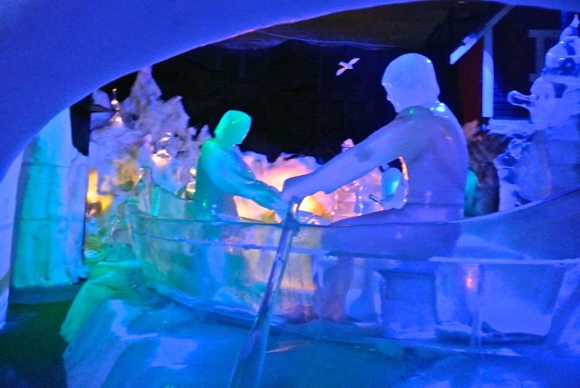 Ice sculptures in the Ice Magic exhibition of many different ice sculptures housed in what must have been an old refrigerated warehouse.